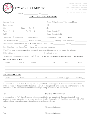 APPLICATION for CREDIT FW Webb Company  Form