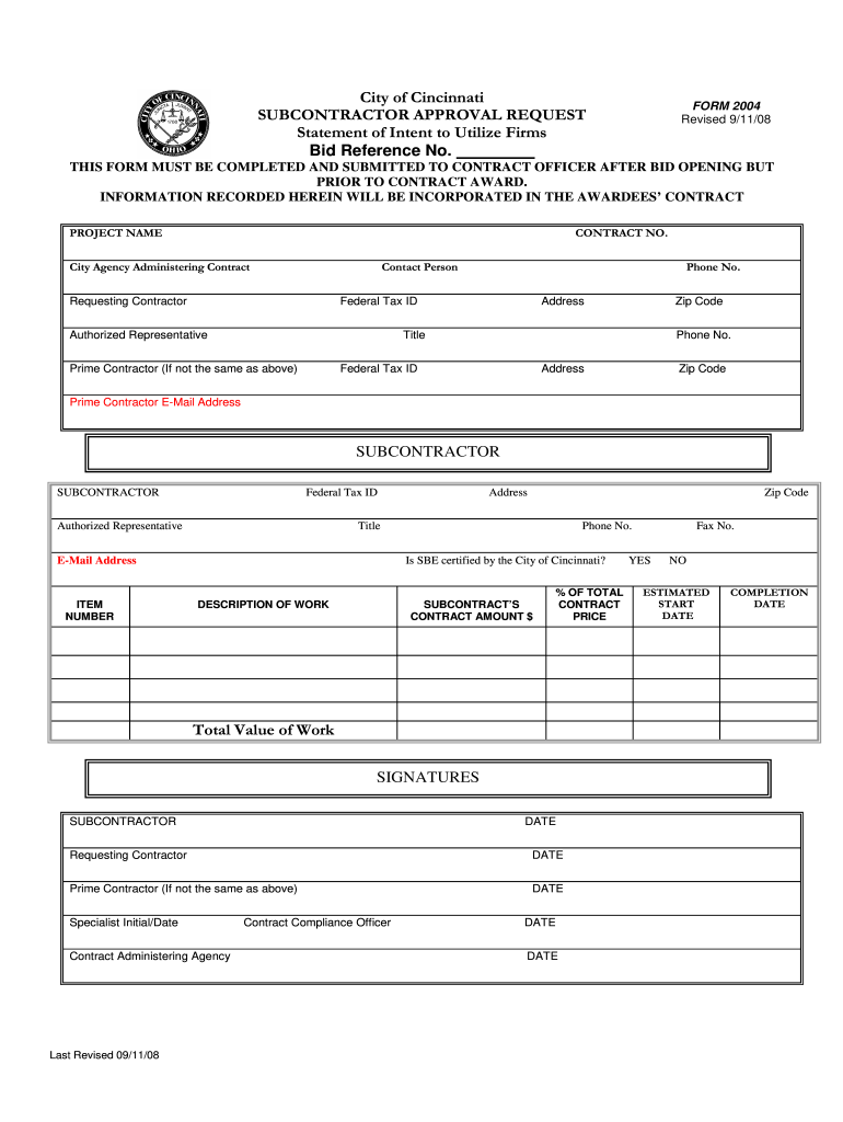  Subcontractor Approval Form  City of Cincinnati  Cincinnati Oh 2008