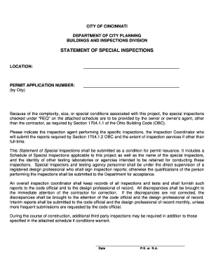 STATEMENT of SPECIAL INSPECTIONS Cincinnati Ohgov  Form