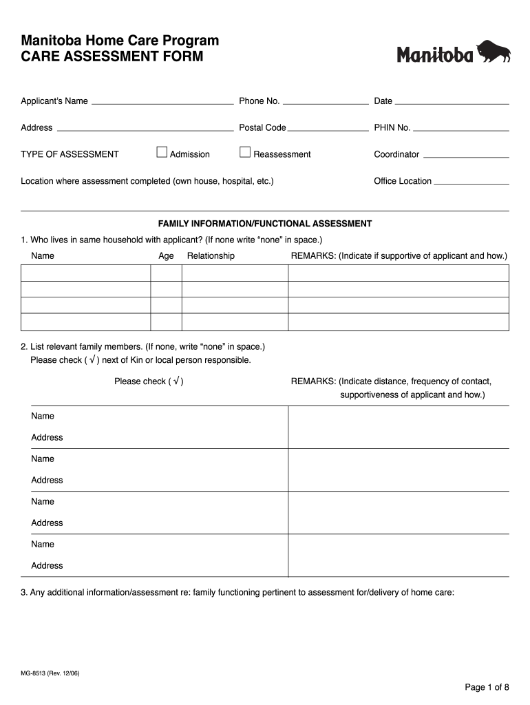 Manitoba Home Care Program Care Assessment Form