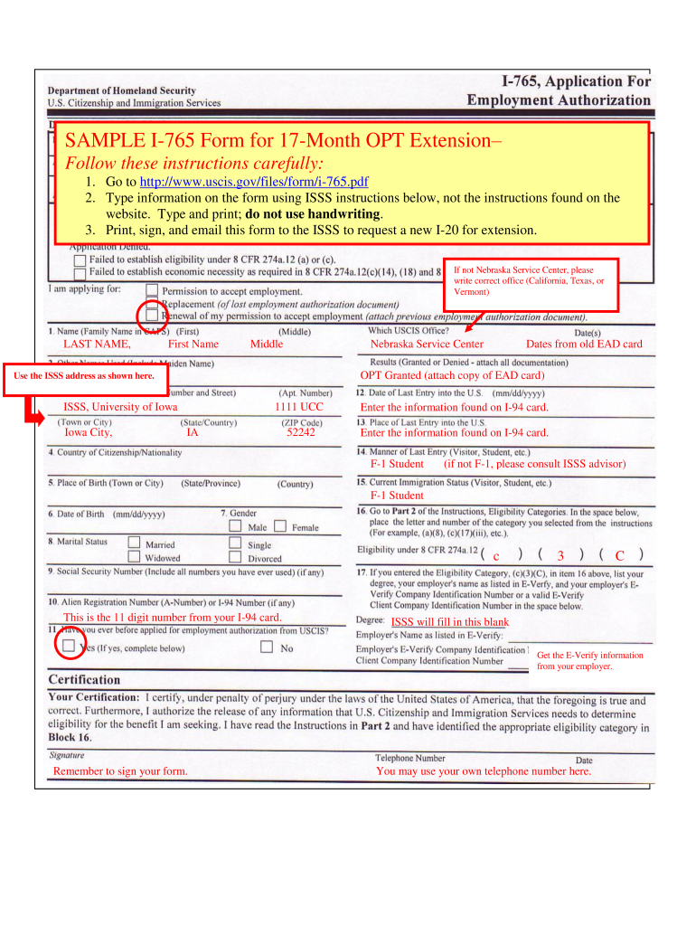 Get and Sign SAMPLE I 765 Form for 17 Month OPT Extension  University of Iowa  International Uiowa