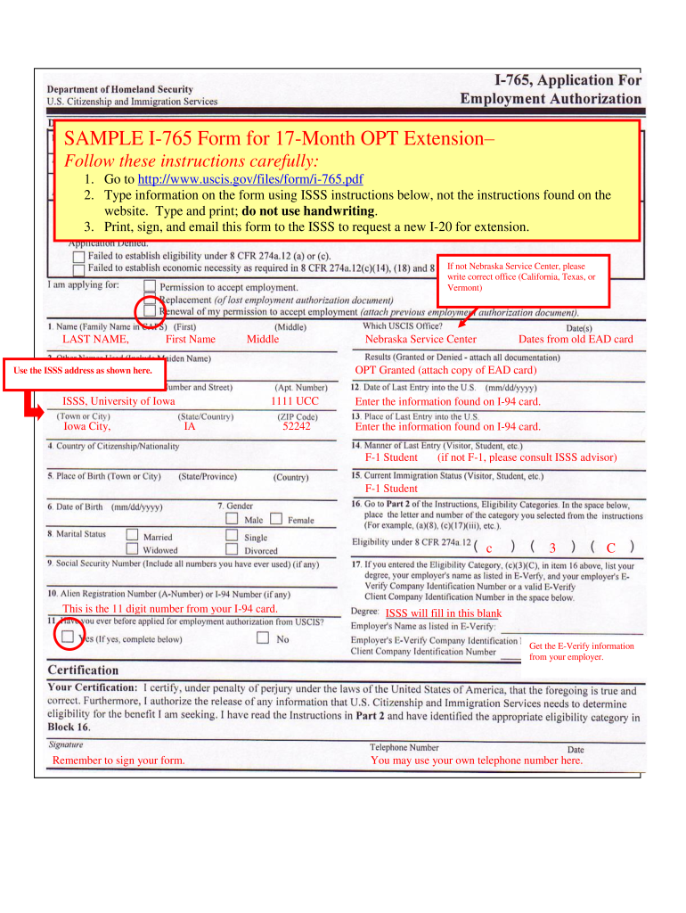 SAMPLE I 765 Form for 17 Month OPT Extension  University of Iowa  International Uiowa