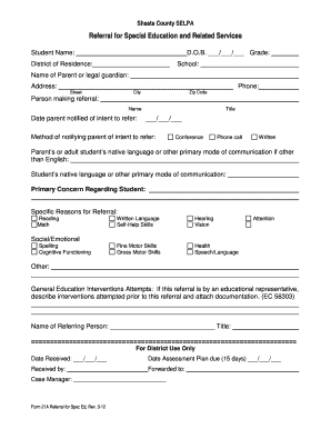 Referral Form Special Education and Related Services Shastacoe