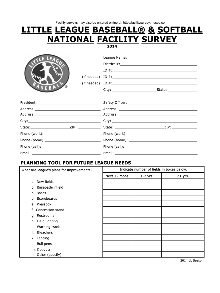  LITTLE LEAGUE BASEBALL Amp SOFTBALL NATIONAL FACILITY SURVEY  Littleleague 2014