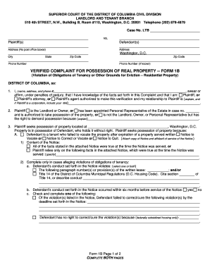 VERIFIED COMPLAINT for POSSESSION of REAL PROPERTY FORM 1B Dccourts