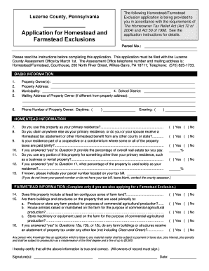 Luzerne County, Pennsylvania Application for Homestead and Farmstead Exclusions the Following HomesteadFarmstead Exclusion Appli  Form