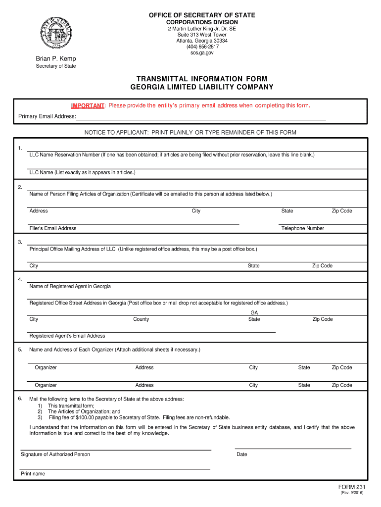  Transmittal Form 231 2016