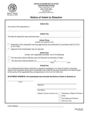 Notice of Intent to Dissolve Llc Georgia  Form