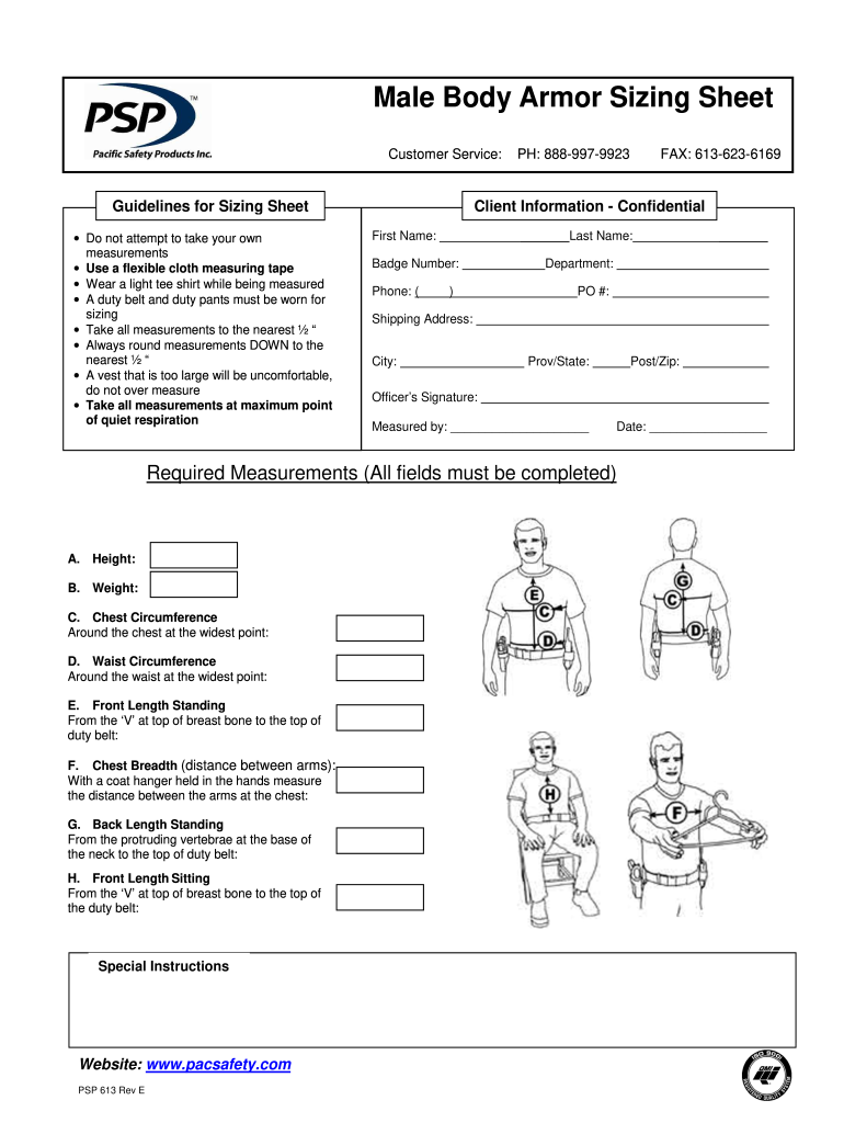 PSP 613 Male Body Armor Sizing Sheet Form