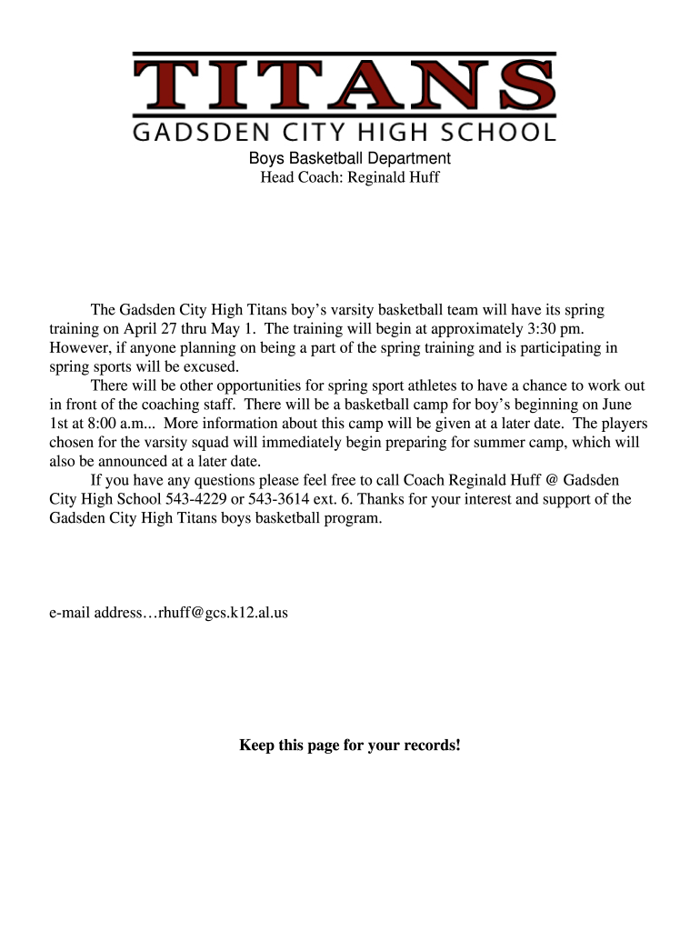 Boys Basketball Department Gadsden City High School  Form