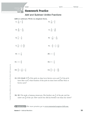 Lesson 3 Homework Practice Add and Subtract Like Fractions Answer Key  Form