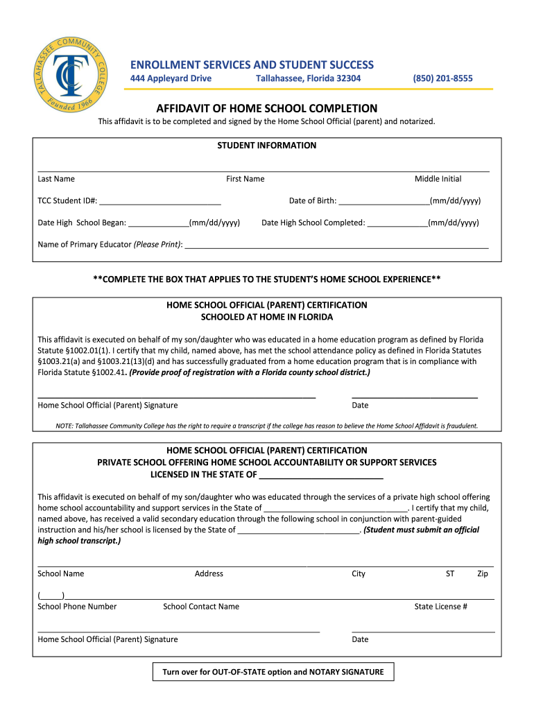  Homeschool Completion Affidavit 2011-2024