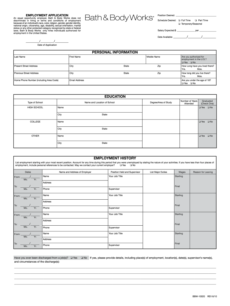 Get and Sign Body Works Employment 2010-2022 Form