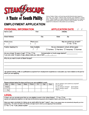 Steak Escape Application  Form