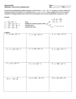 Vertex to Standard Form Worksheet