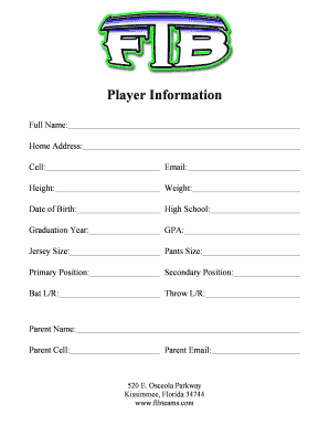 Baseball Player Information Sheet