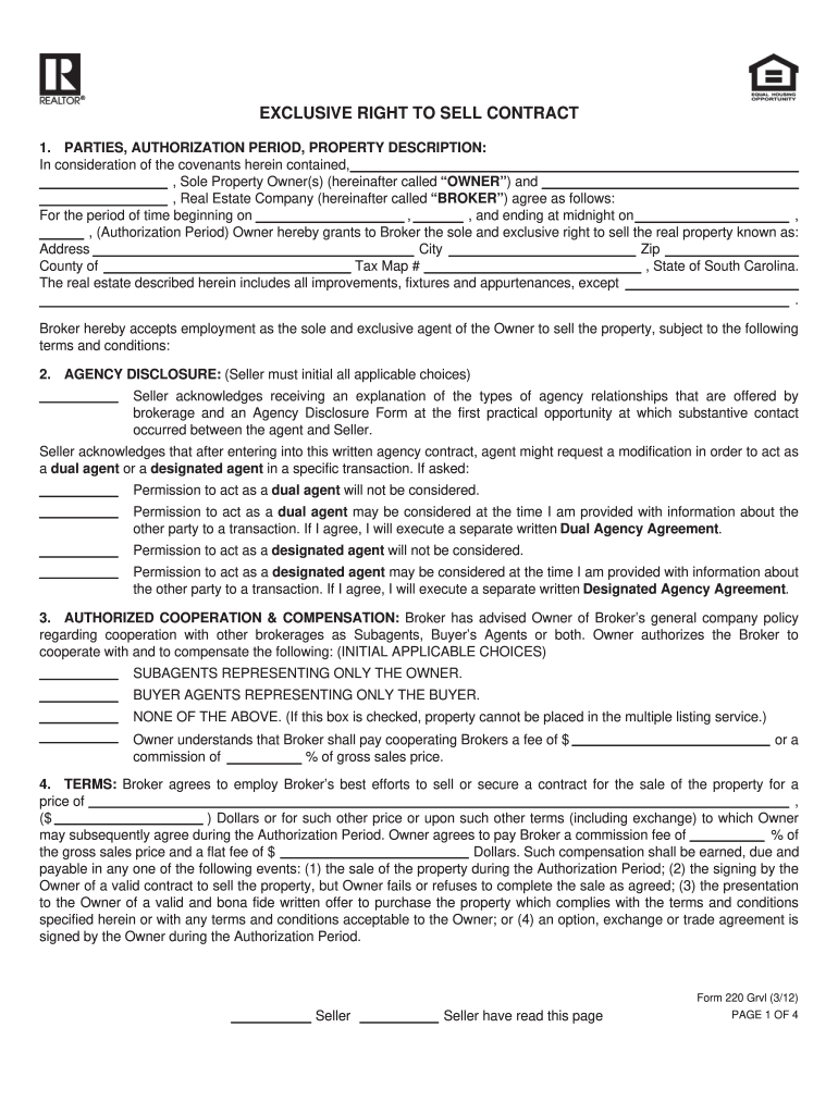 Get and Sign Exclusive Right to Sell Contract  South Carolina Home Corporation 2012-2022 Form