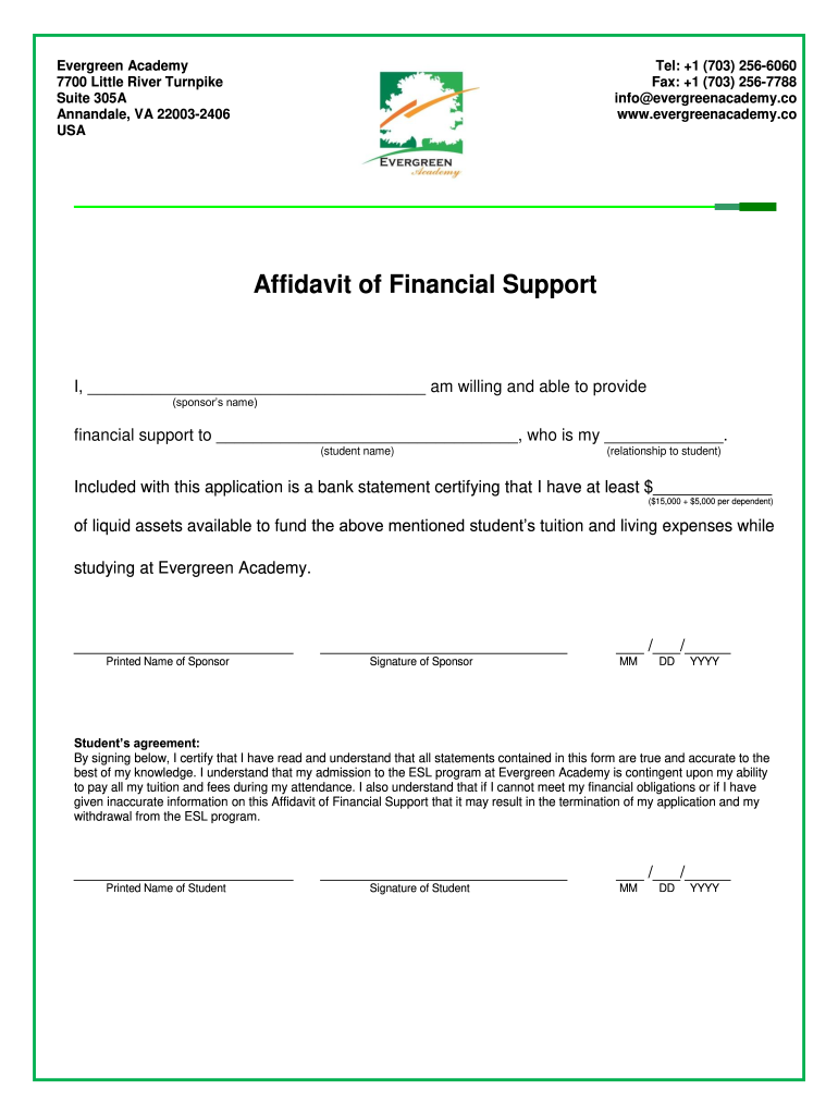 Financial BAffidavitb  Evergreen Academy  Ea  Form