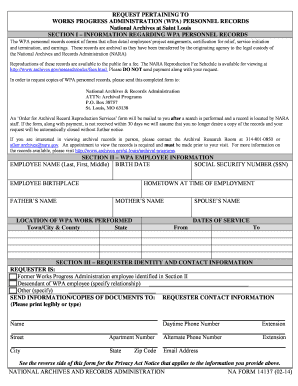 NA Form 14137, Request for WPA Personnel Records National Archives