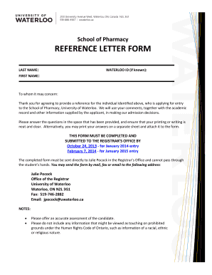 Waterloo Pharmacy Reference Letter  Form