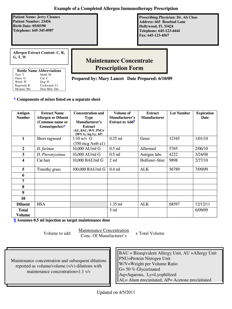  2e Example of a Completed Immunotherapy Prescription Form Aaaai 2011-2024