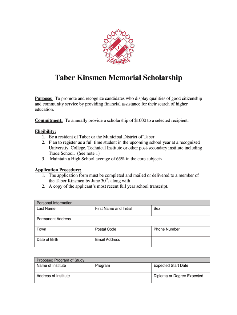 Taber Kinsmen Memorial Scholarship  Form