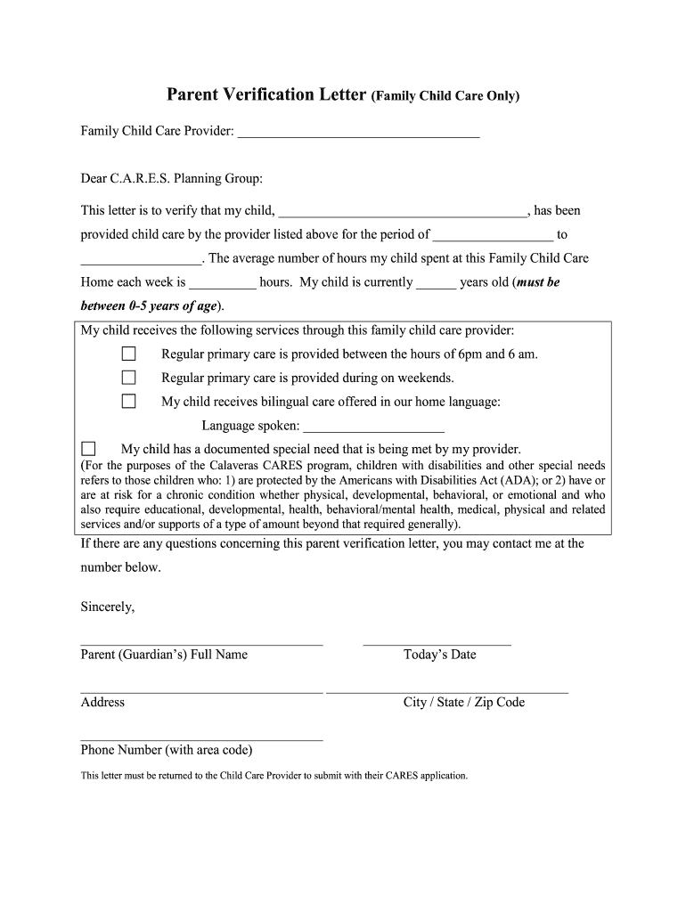 Proof of Child Care Expenses Letter Sample  Form