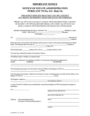 Notice of Estate Administration Form Delaware County Co Delaware Pa