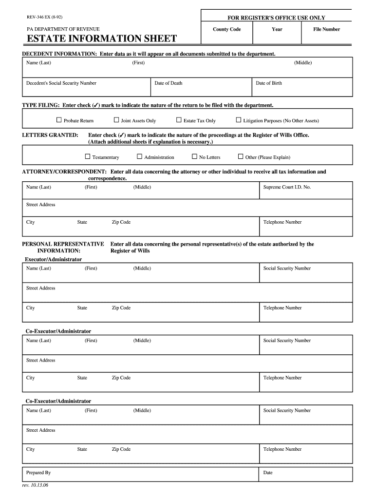  Form RW 01  Rev 10 13 06  Estate Information Sheet  Co Delaware Pa 2006