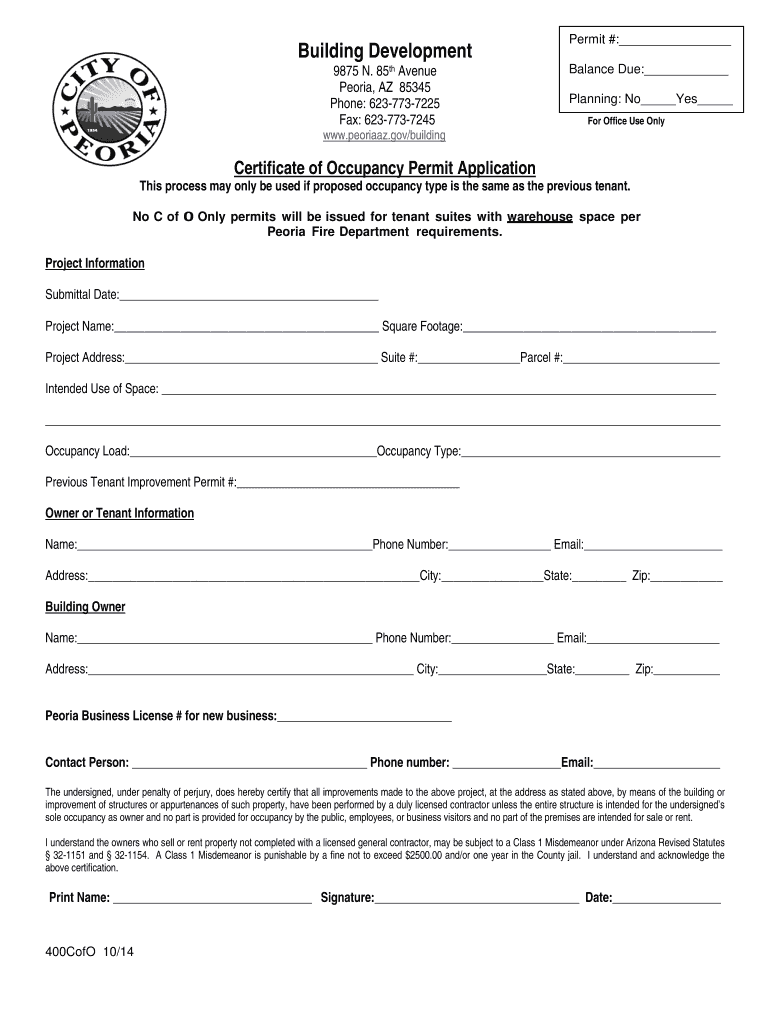 City of Peoria Az Occupancy Permit  Form