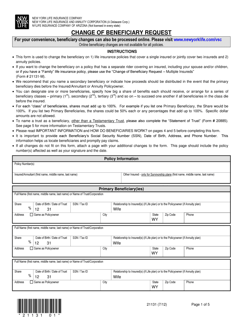 New York Life Insurance Beneficiary Change Form