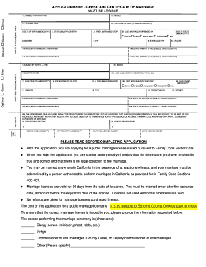 Application for License and Certificate of Marriage Sonoma County Sonoma County  Form