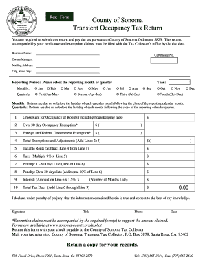 Transient Occupancy Tax Return Form Sonoma County Sonoma County