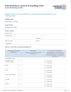 Memorandum Record of Building Work  Form