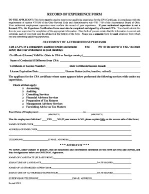  RECORD of EXPERIENCE FORM Accountancy Board of Ohio 2012