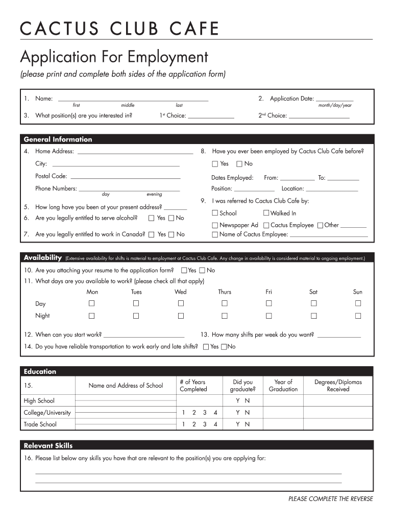 Cactus Club Application Form