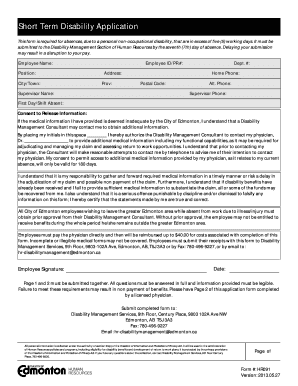 Short Term Disability Benefits Claim Form City of Edmonton Edmonton