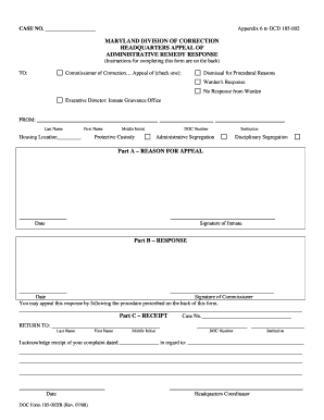 Appendix 6 DCD 185 002 ARP Appeal Form Department of Public Dpscs Maryland