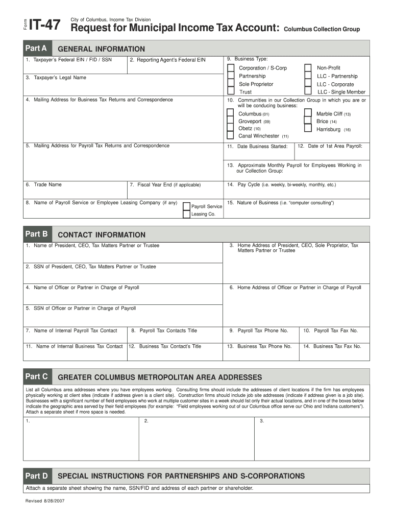 Get and Sign Form it 47 Request for Municipal Income Tax Account Columbus    Incometax Columbus 2007