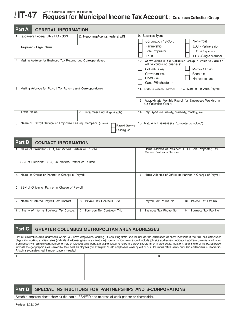  Form it 47 Request for Municipal Income Tax Account Columbus    Incometax Columbus 2007