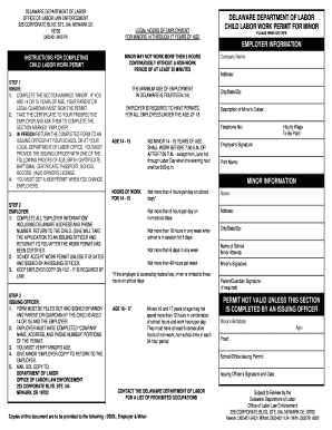 Delaware Department of Labor Child Labor Work Permit for Minor  Form