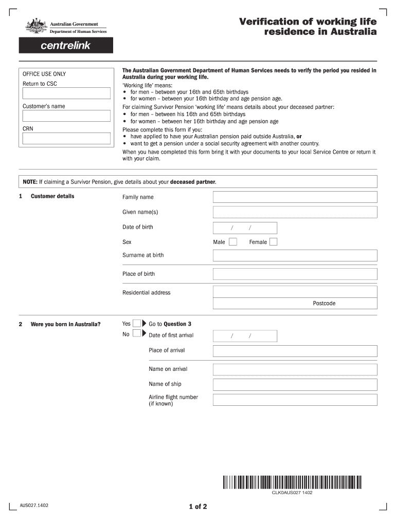  Verification of Working Life Residence in Australia 2014