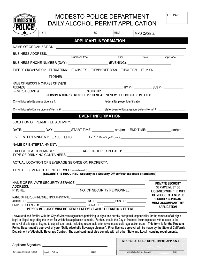 Daily Alcohol Permit Application Modesto, California  Form