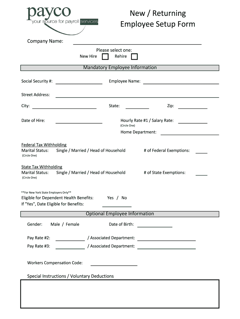 New Returning Employee Setup Form Payco Inc