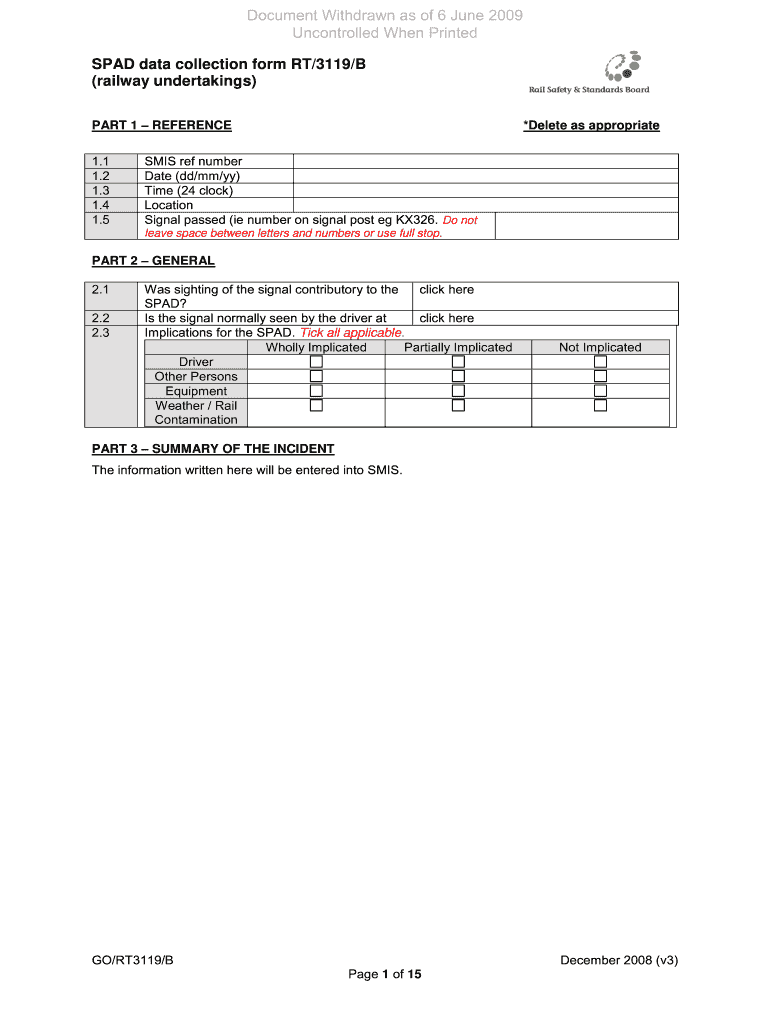  SPAD Data Collection Form RT3119B Railway Undertakings 2008