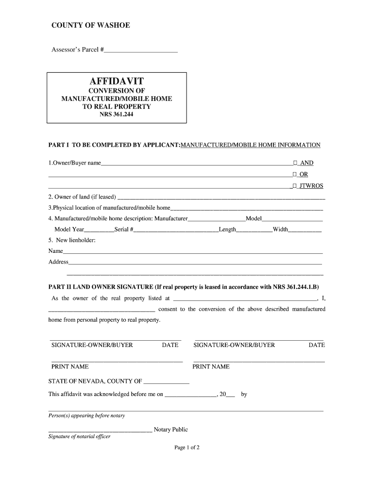 Get and Sign Affidavit of Conversion in an Adobe PDF File  Washoe County, Nevada  Washoecounty 2013-2022 Form