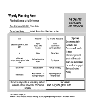 Creative Curriculum Lesson Plans for Preschool  Form