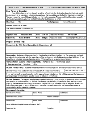 WSFCS FIELD TRIP PERMISSION FORM OUT of TOWN or