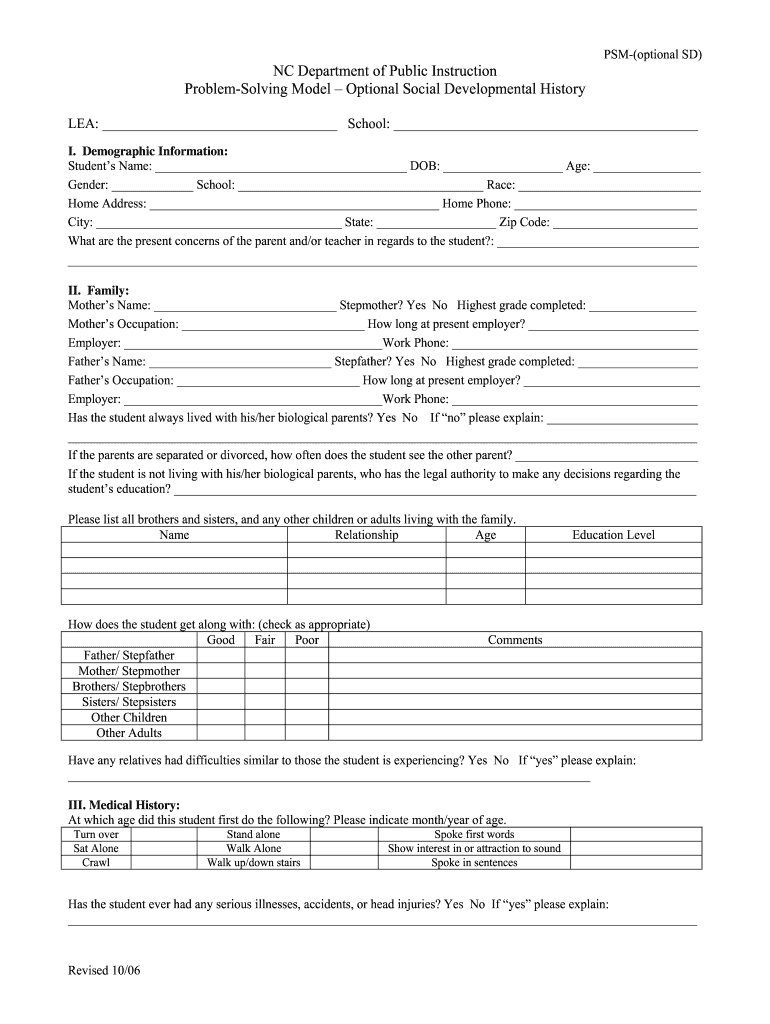 Get and Sign Social Developmental History  Public Schools of Robeson County  Robeson K12 Nc 2006-2022 Form