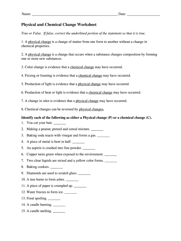 Physical and Chemical Change Worksheet Answer Key  Form